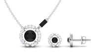 Created Black Diamond and Diamond Halo Necklace Earrings Set