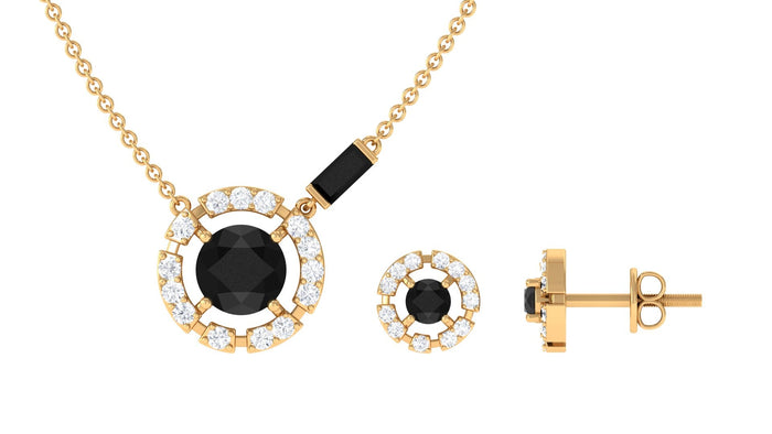 Created Black Diamond and Diamond Halo Jewelry Set by Rosec Jewels, featuring elegant necklace and earrings with sparkling black and white diamonds.