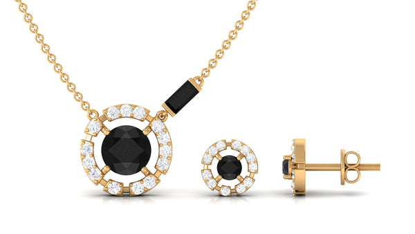 Rosec Jewels Created Black Diamond and Diamond Halo Necklace and Earring Jewelry Set featuring sparkling black and clear diamonds.