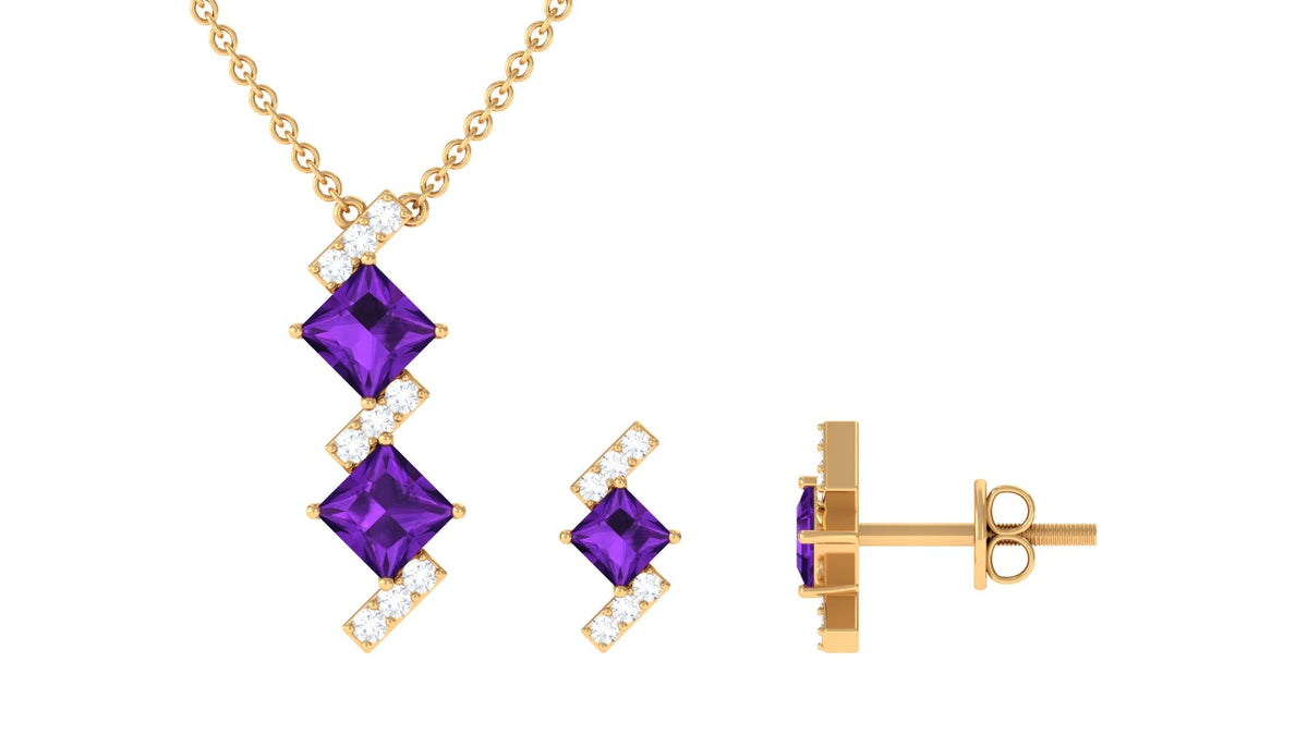 Natural Princess Cut Amethyst Diamond Jewelry Set for Women