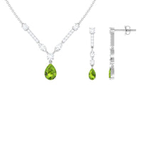 Pear Shaped Peridot and Moissanite Bridal Necklace Earrings Set
