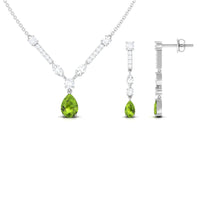Pear Shaped Peridot and Moissanite Bridal Necklace Earrings Set