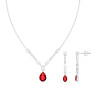 Lab Created Ruby and Moissanite Teardrop Necklace Earrings Set