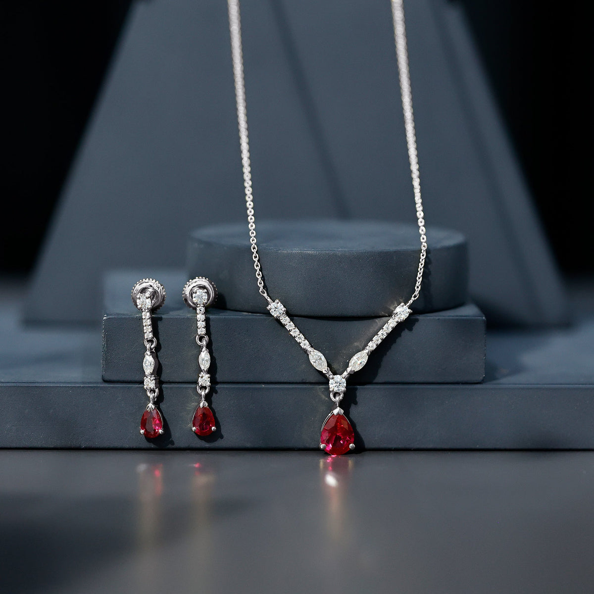 Lab Created Ruby and Moissanite Teardrop Necklace Earrings Set