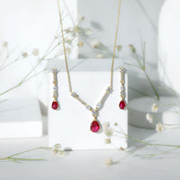 Lab Created Ruby and Moissanite Teardrop Necklace Earrings Set