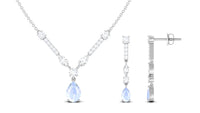 Pear Shape Moonstone and Moissanite Drop Necklace and Earrings