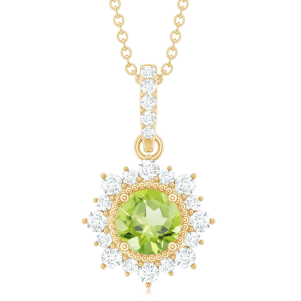 2 Carat Round Cut Peridot Halo Necklace with Diamond Bail