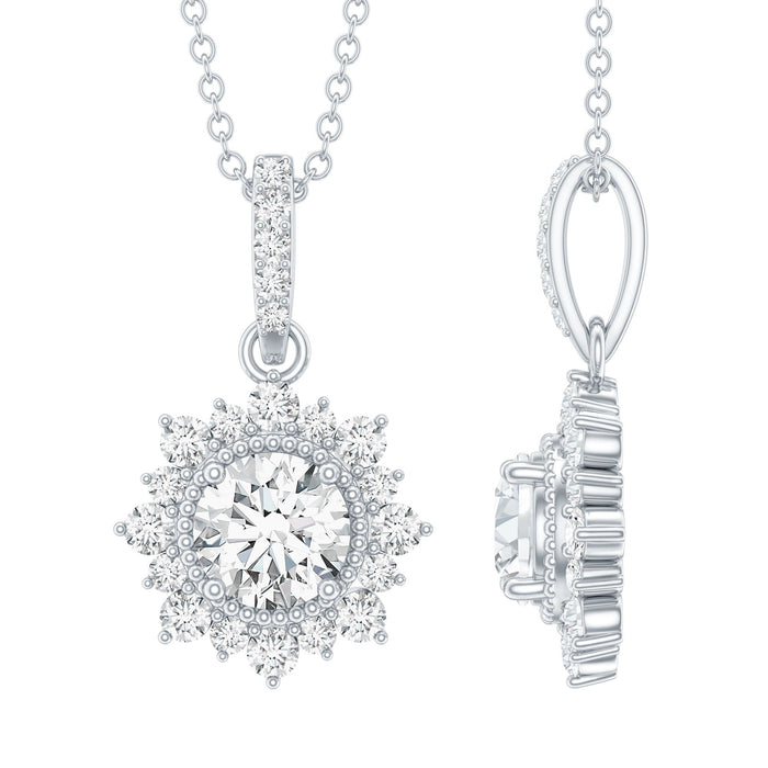 Vintage-inspired 1-carat moissanite pendant necklace from Rosec Jewels, featuring intricate design and sparkling gemstone for weddings.