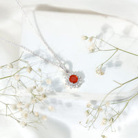 Round Fire Opal and Diamond Halo Pendant Necklace