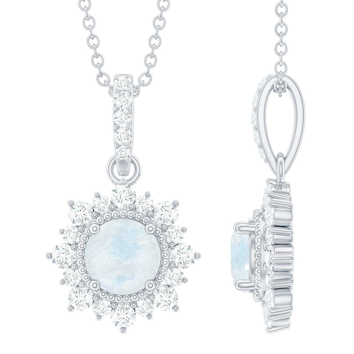 6MM Round Moonstone Halo Pendant with Diamond Bail