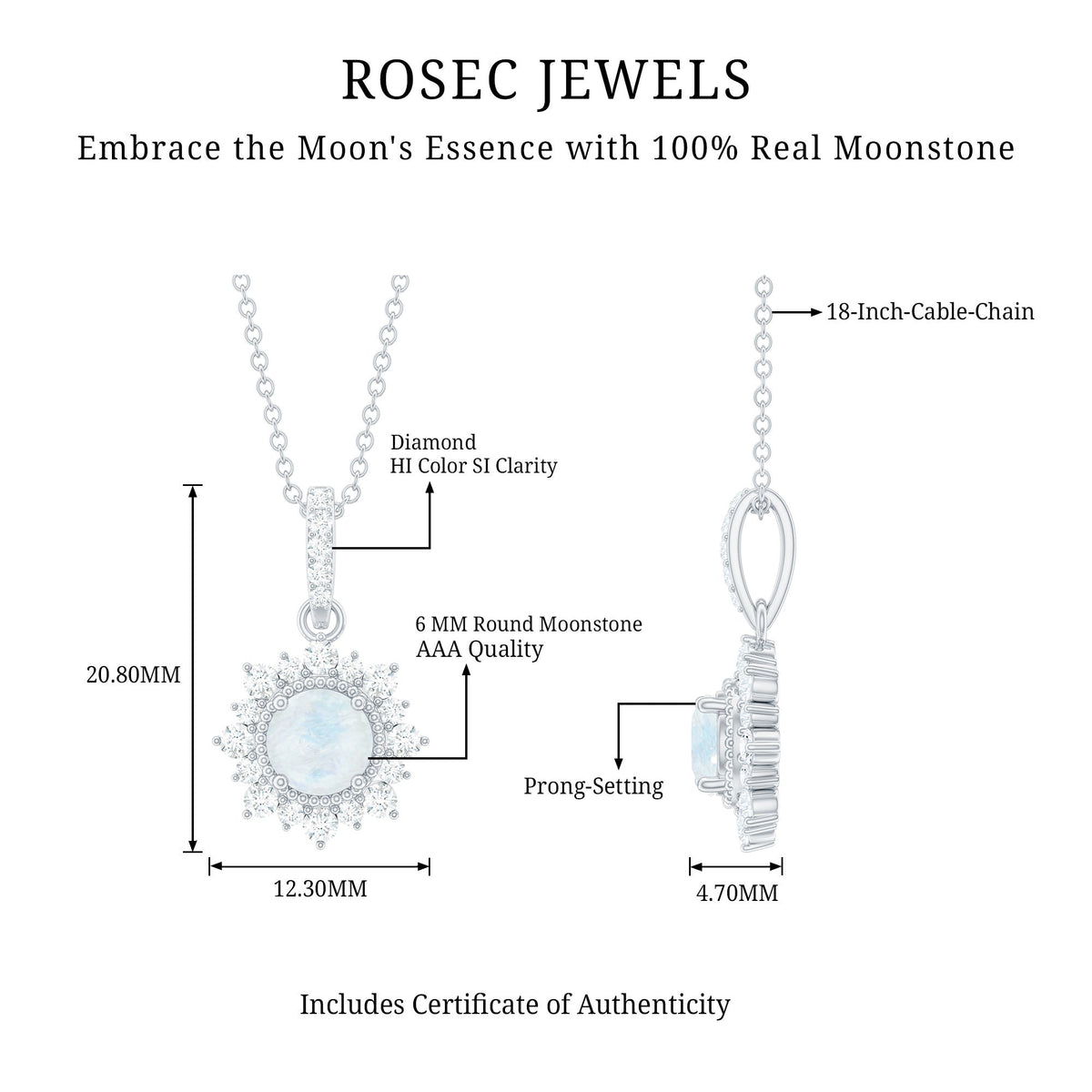 6MM Round Moonstone Halo Pendant with Diamond Bail