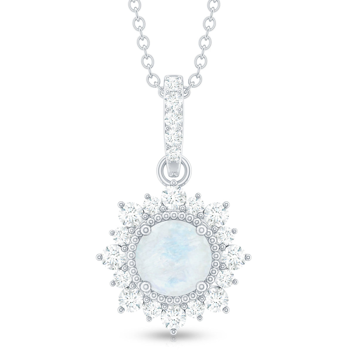 6MM Round Moonstone Halo Pendant with Diamond Bail