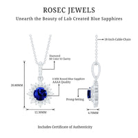 1 Carat Round Lab Grown Blue Sapphire Halo Necklace with Diamond