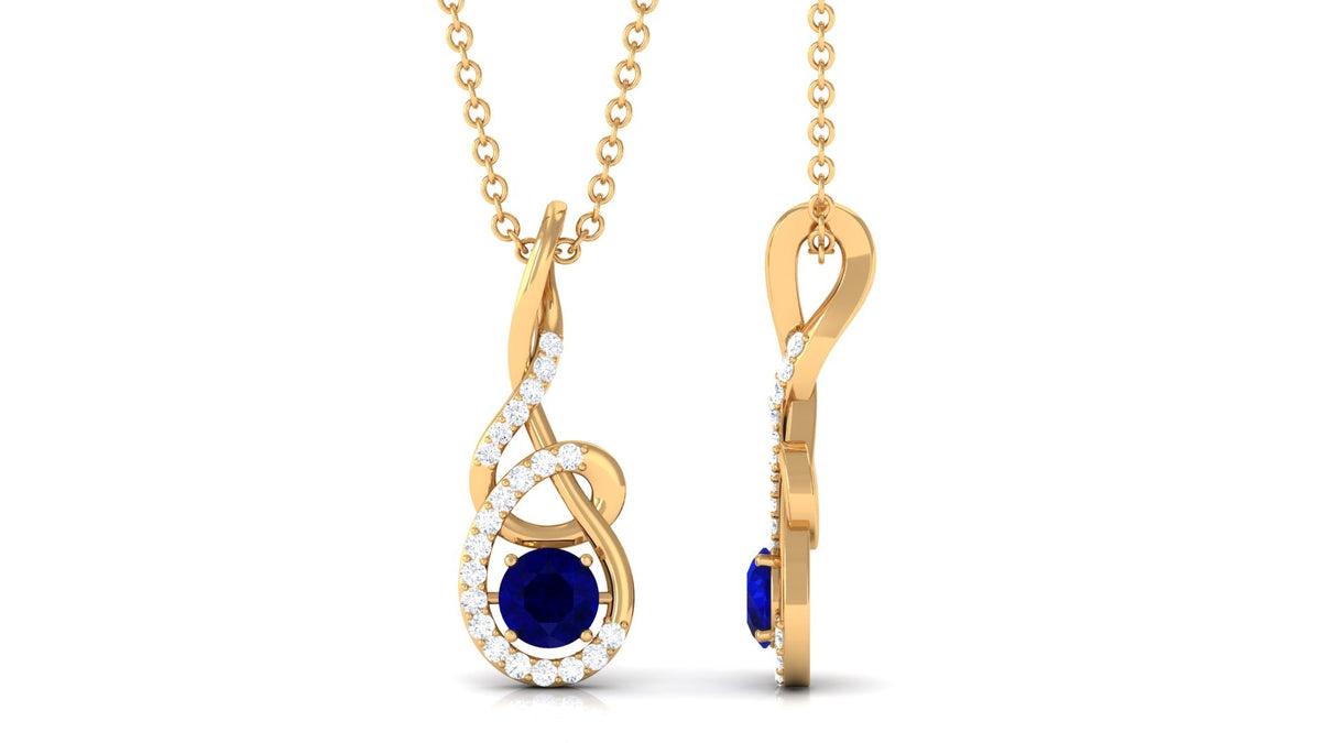 Real 1 Carat Blue Sapphire Twisted Pendant Necklace with Diamond