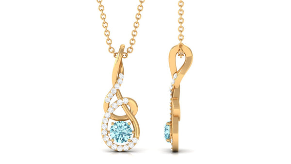 Natural 0.8 carat aquamarine twisted pendant necklace with diamonds from Rosec Jewels, showcasing elegant gemstone and intricate design.