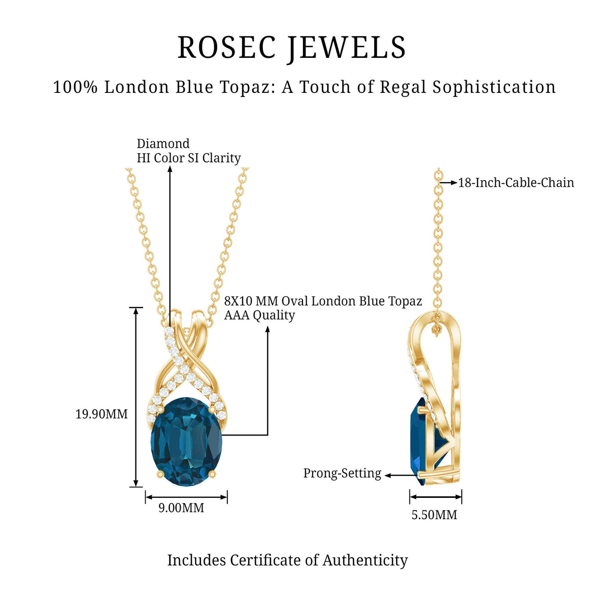 2.5 Carat Oval London Blue Topaz Solitaire Necklace with Diamond Twisted Bail