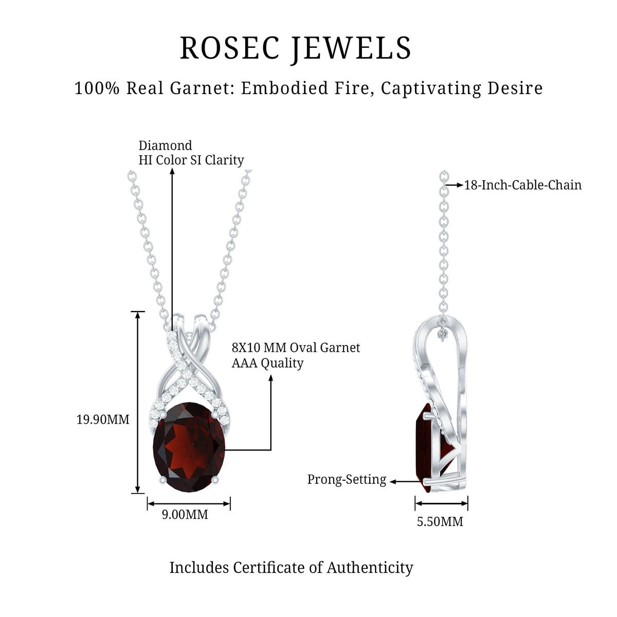 3.6 Carat Oval Shape Garnet Solitaire Twisted Bail Pendant Necklace with Diamond