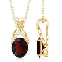 3.6 Carat Oval Shape Garnet Solitaire Twisted Bail Pendant Necklace with Diamond