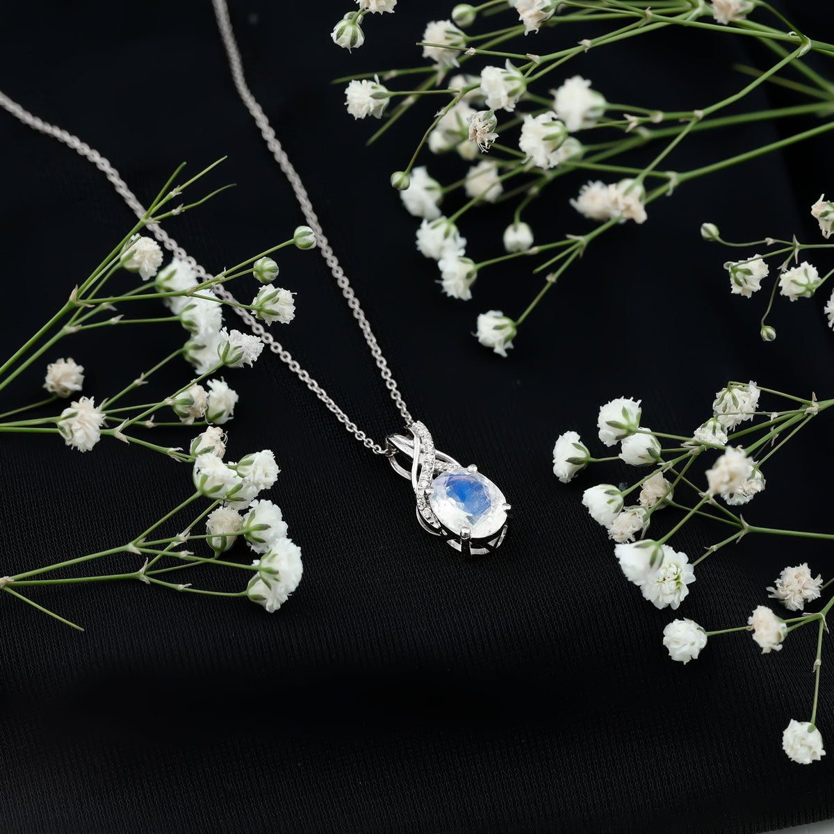 Real 0.6 Carat Oval Shape Moonstone Necklace with Diamond Twisted Bail