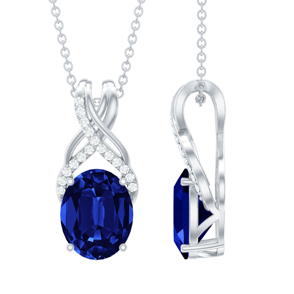 4 Carat Oval Lab Created Blue Sapphire Necklace with Diamond Twisted Bail