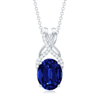 4 Carat Oval Lab Created Blue Sapphire Necklace with Diamond Twisted Bail