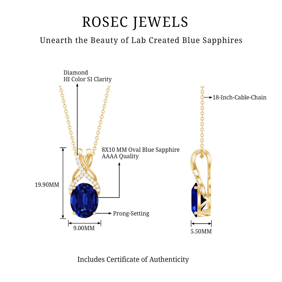 4 Carat Oval Lab Created Blue Sapphire Necklace with Diamond Twisted Bail