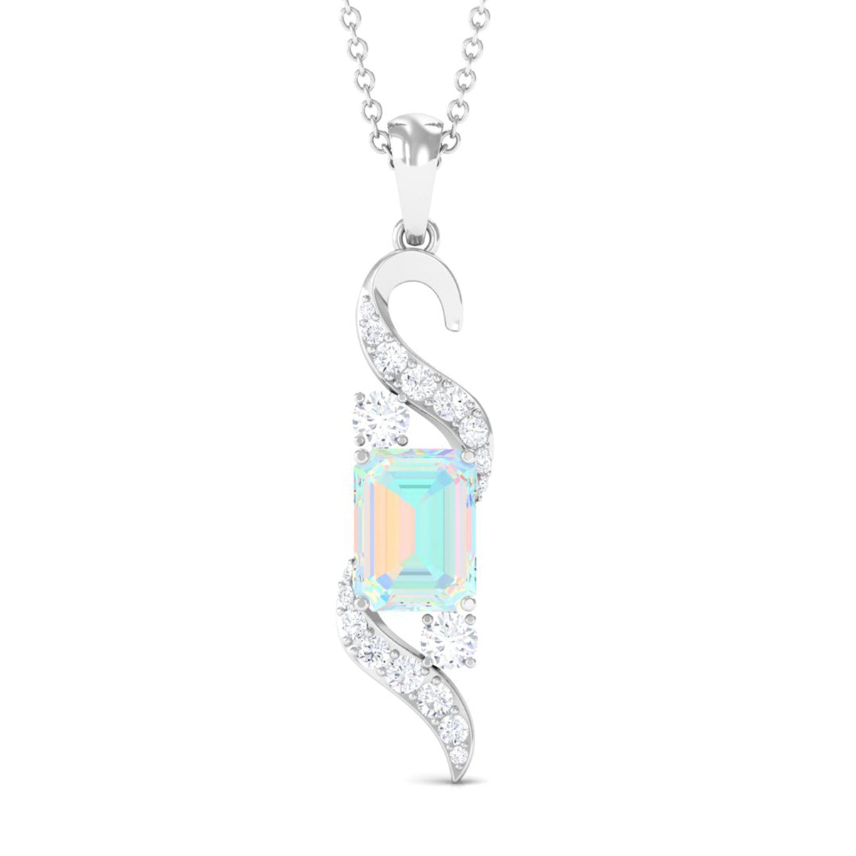 Contemporary 2 Carat Emerald Cut Ethiopian Opal Pendant Necklace with Diamond