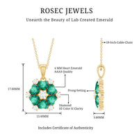1.6 Carat Heart Shape Lab Created Emerald and Diamond Flower Pendant