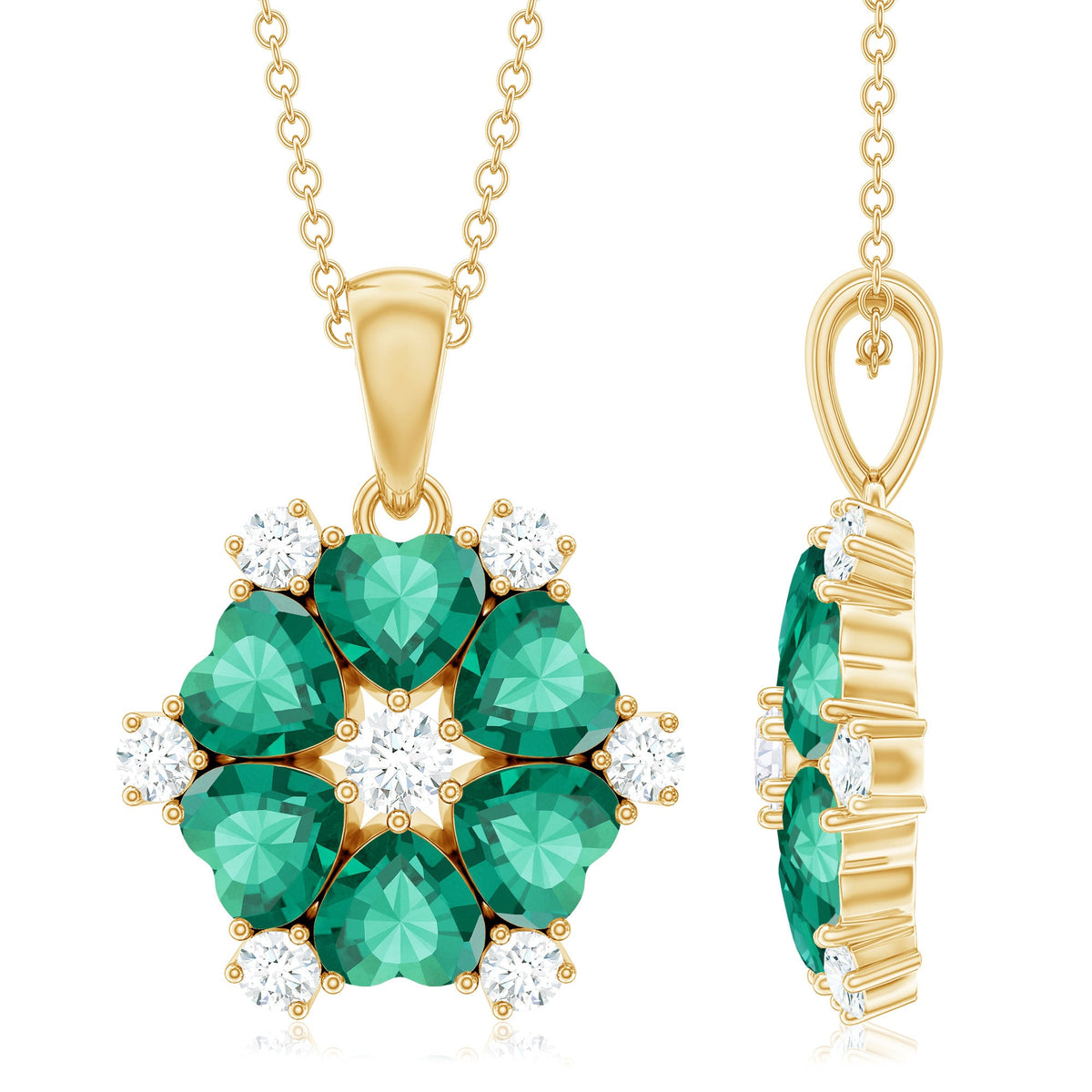 1.6 Carat Heart Shape Lab Created Emerald and Diamond Flower Pendant