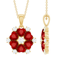 2.7 Carat Heart Shape Lab Created Ruby and Diamond Flower Necklace
