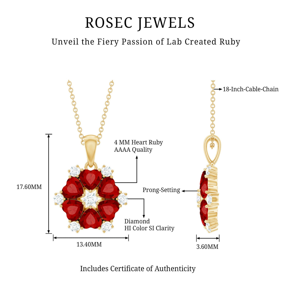2.7 Carat Heart Shape Lab Created Ruby and Diamond Flower Necklace