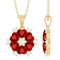 2.7 Carat Heart Shape Lab Created Ruby and Diamond Flower Necklace