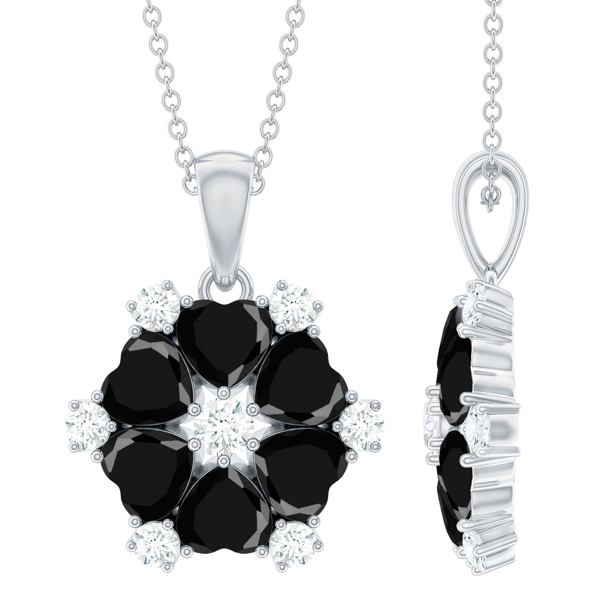 Natural Heart Shape Black Spinel Flower Pendant Necklace with Diamond