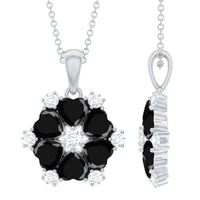 Natural Heart Shape Black Spinel Flower Pendant Necklace with Diamond