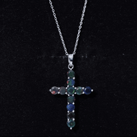 Natural Black Opal Cross Pendant Necklace in Silver
