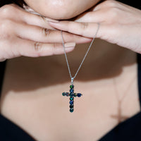 Natural Black Opal Cross Pendant Necklace in Silver