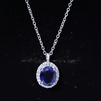 Oval Cut Created Blue Sapphire Statement Necklace With Chain