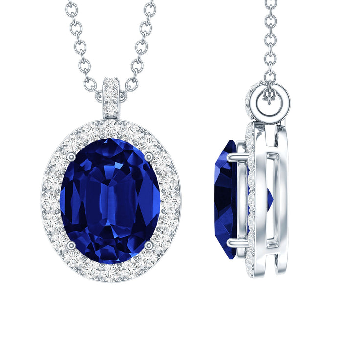 Oval lab-grown blue sapphire pendant with silver chain, certified 4 carats, from Rosec Jewels bridal necklace collection.