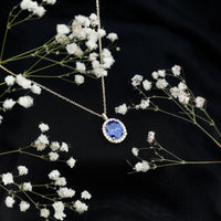 Oval Cut Created Blue Sapphire Statement Necklace With Chain
