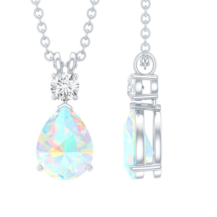 Pear-shaped rainbow opal teardrop pendant with moissanite from Rosec Jewels, showcasing vibrant colors and sparkling gemstone details.