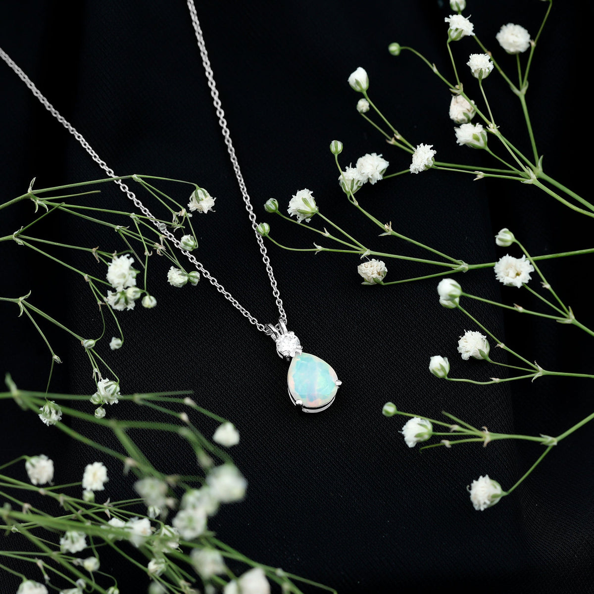 8X10MM Pear Shaped Rainbow Opal Teardrop Necklace with Moissanite
