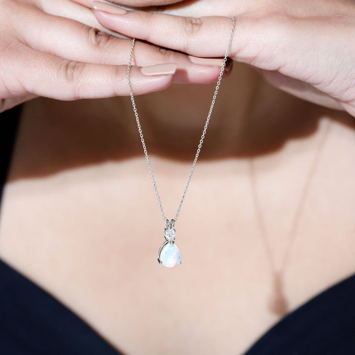 8X10MM Pear Shaped Rainbow Opal Teardrop Necklace with Moissanite