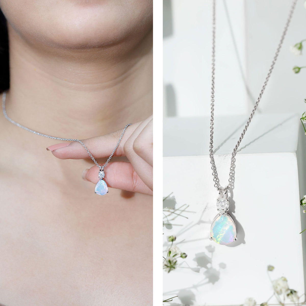 8X10MM Pear Shaped Rainbow Opal Teardrop Necklace with Moissanite