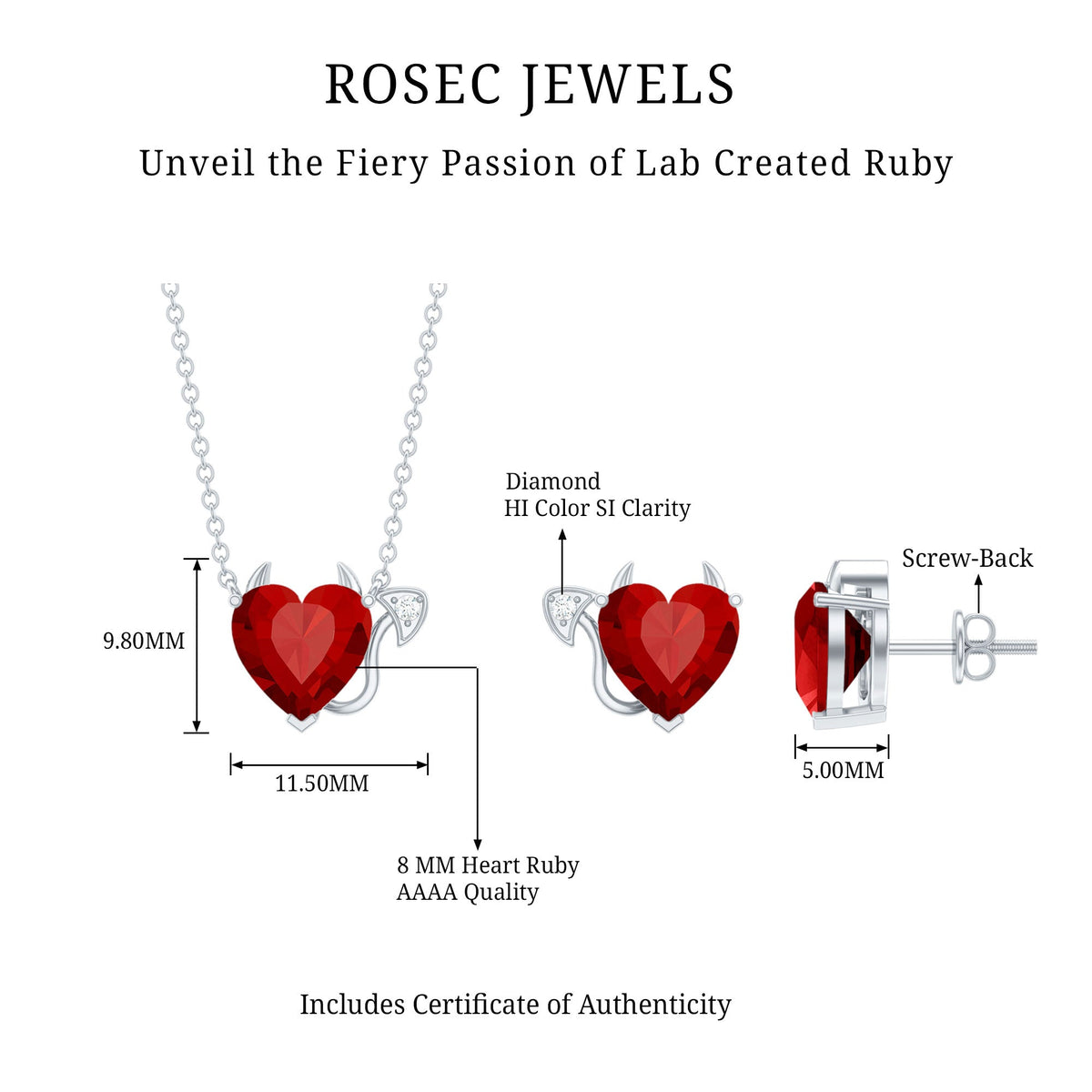 Lab-grown ruby heart necklace and earrings set with diamonds from Rosec Jewels, featuring vibrant red rubies and sparkling accents.