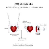 Lab-grown ruby heart necklace and earrings set with diamonds from Rosec Jewels, featuring vibrant red rubies and sparkling accents.