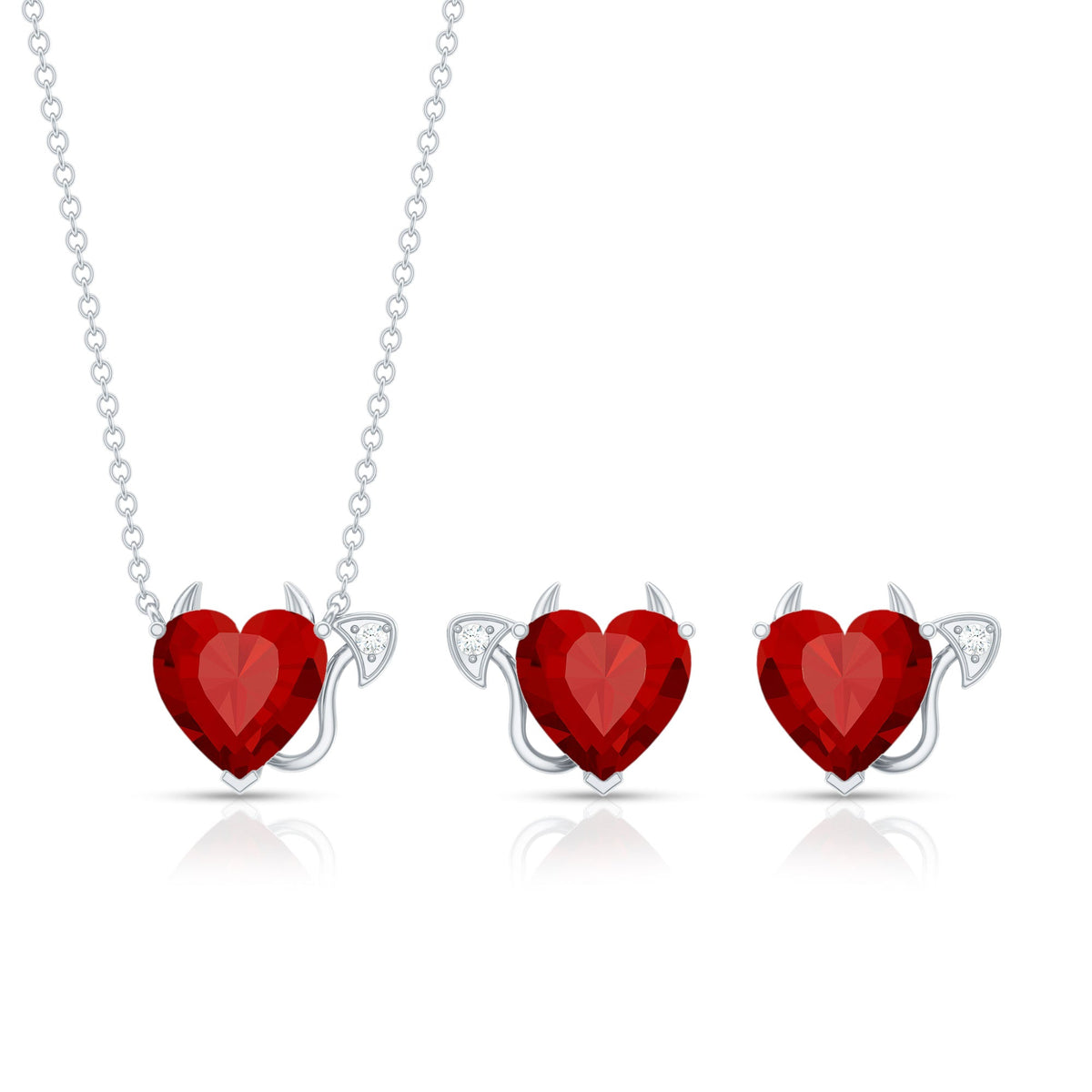 Lab grown ruby heart necklace and earrings set with diamonds from Rosec Jewels, elegant jewelry with vibrant red rubies and sparkling diamonds.