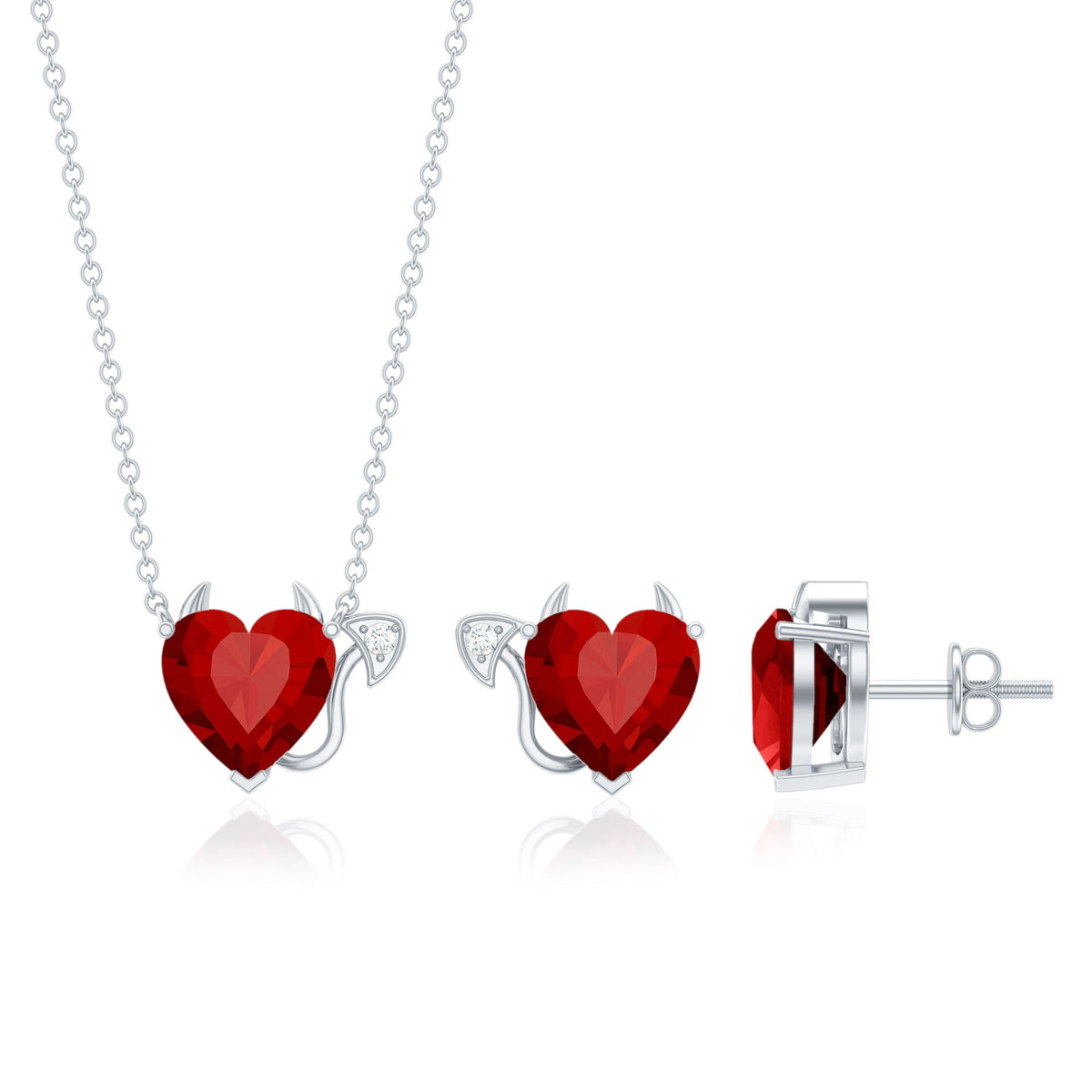 Lab-grown ruby heart necklace and earrings jewelry set with diamonds by Rosec Jewels, featuring a romantic red gemstone design.