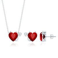 Lab-grown ruby heart necklace and earrings jewelry set with diamonds by Rosec Jewels, featuring a romantic red gemstone design.