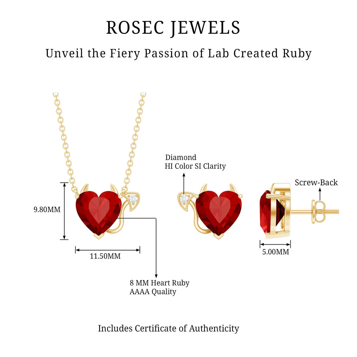 Lab-grown ruby heart necklace and earrings jewelry set by Rosec Jewels with diamond accents, featuring vibrant red gemstones.