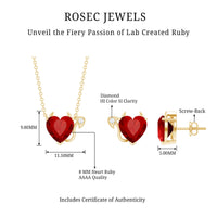 Lab-grown ruby heart necklace and earrings jewelry set by Rosec Jewels with diamond accents, featuring vibrant red gemstones.